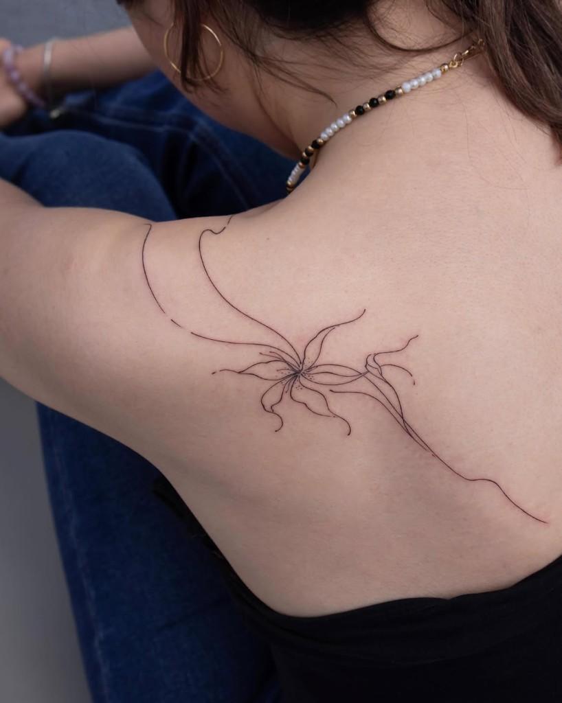 Fine-line back tattoo by giosuhettattoo
