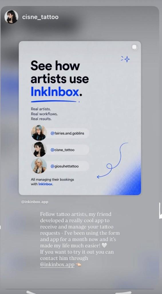 Instagram story from @cisne_tattoo recommending Ink Inbox to fellow tattoo artists for managing requests