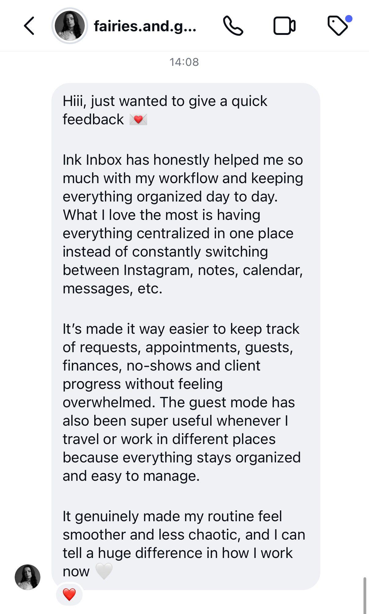 Instagram DM showing a satisfied client complimenting their tattoo artist on the booking experience