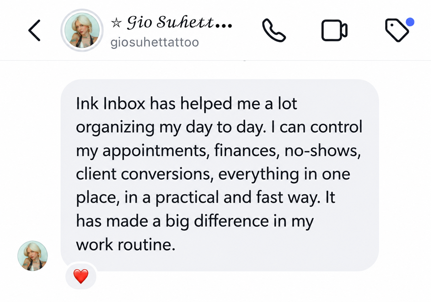 Instagram DM showing a satisfied client thanking their tattoo artist for the smooth, organised booking experience